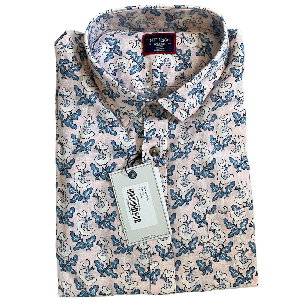 UNTUCKIT Men's Linen Short Sleeve Varosa Slim Fit Shirt Pink Blue Print Size XL